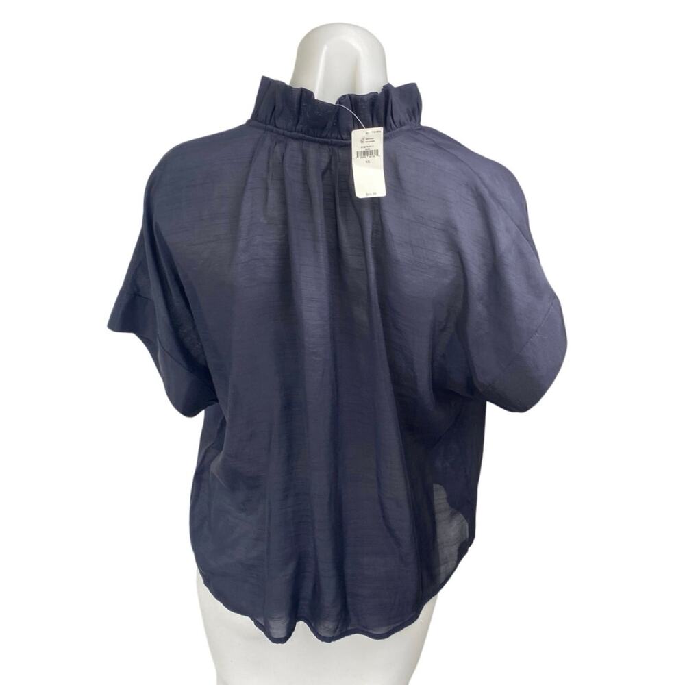 NEW Banana Republic Navy Blue Short Sleeve Ruffle V Neck Blouse Top Size XS - Picture 2 of 4